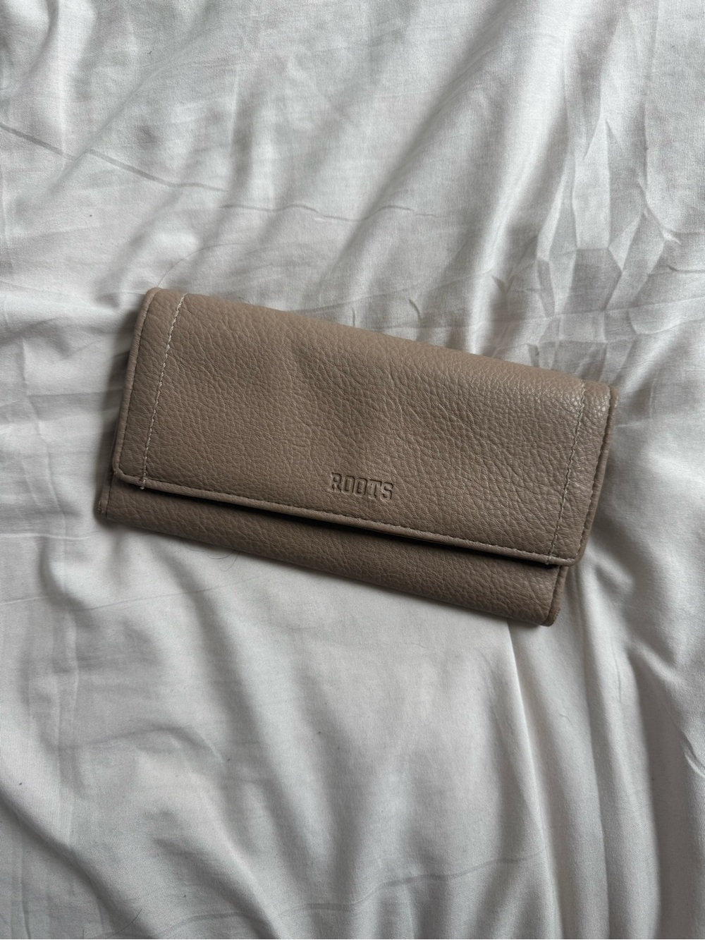 Roots Taupe Pebbled Leather Trifold Wallet